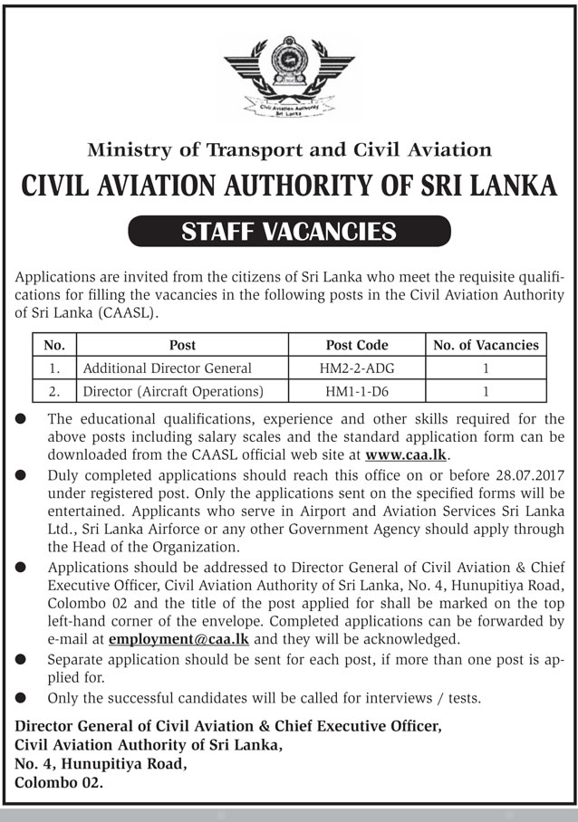 Additional Director General, Director (Aircraft Operations) - Civil Aviation Authority of Sri Lanka